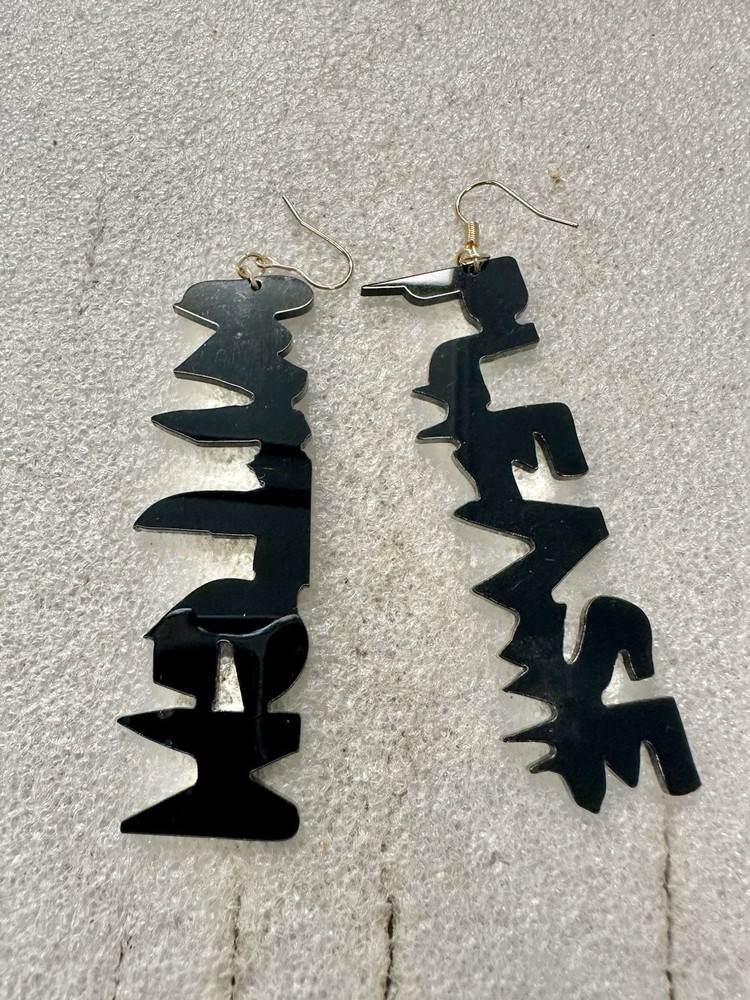 Vtg Black Lucite WITCH Please Earring Halloween