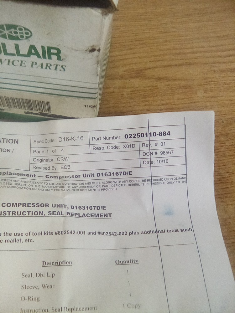 Sullair 02250110-884 Seal Replacement "INCOMPLETE"