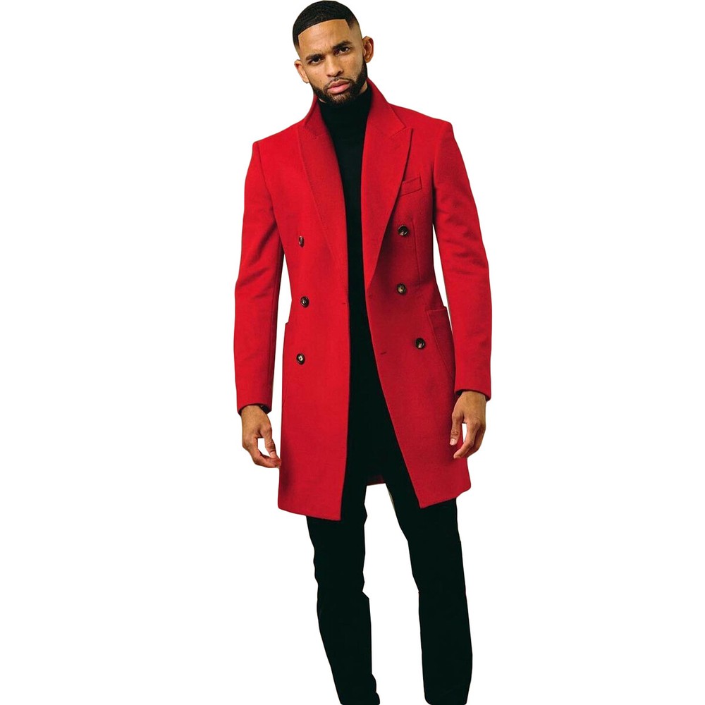 Men's Red Classic Fall Coat Long Jacket Double Breasted Overcoat