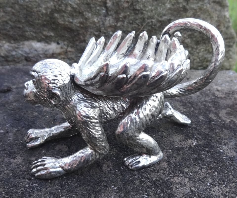 Heavy, Silverplated Reclining Monkey Open Salt Dip, Cellar, Dish!