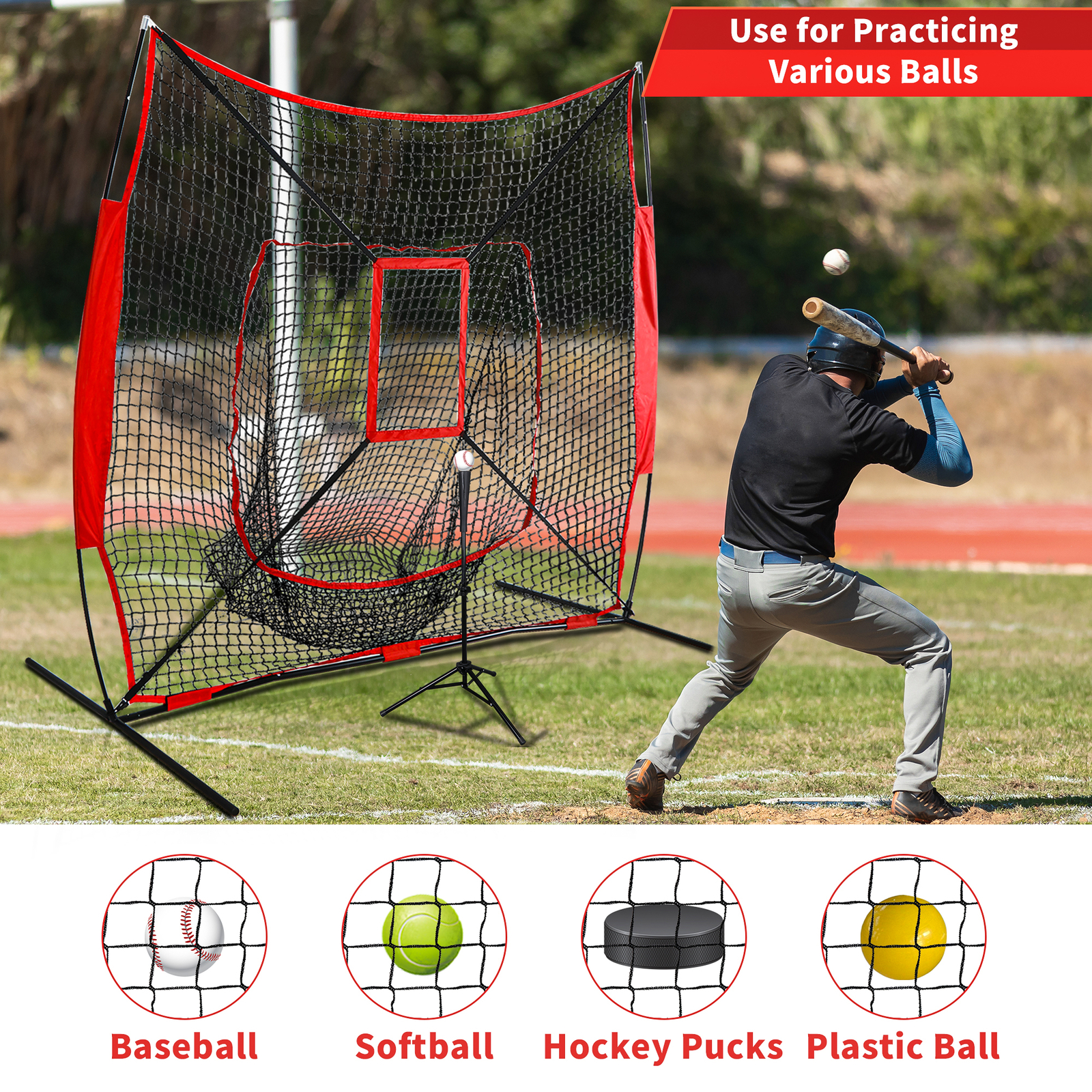 7'×7' Baseball Softball Practice Net Hitting Pitching Training Net w/Strike Zone