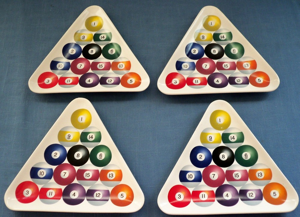 4~BILLIARDS TRIANGULAR POOL BALL RACK 8" SERVING SNACK TRAY~GAME ROOM~LUMINARC