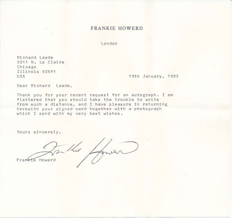 Frankie HOWERD / Typed Note Signed