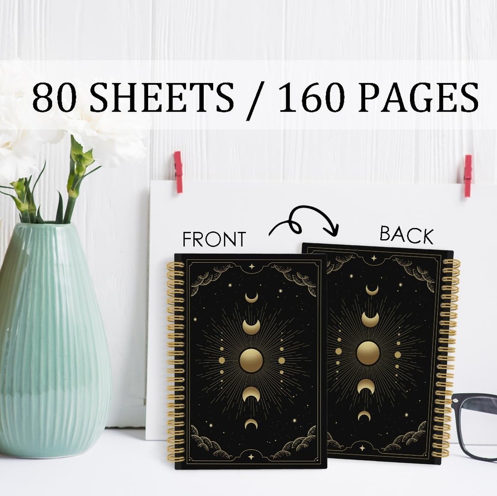 Witchy Gothic Spiral Notebook, Astrology Journal, Celestial Sun and Moon Phas...