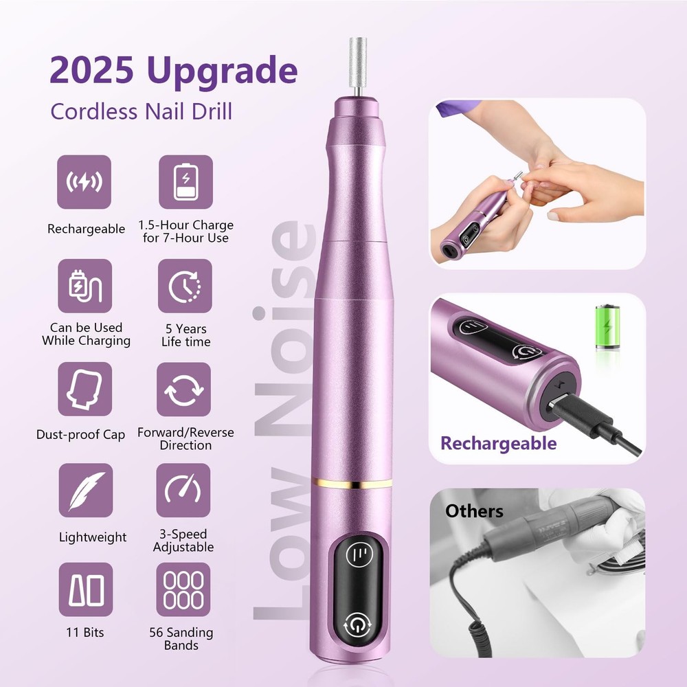 TUOBEO Cordless Nail Drill Electric Nail File Kit Rechargeable Professional E...