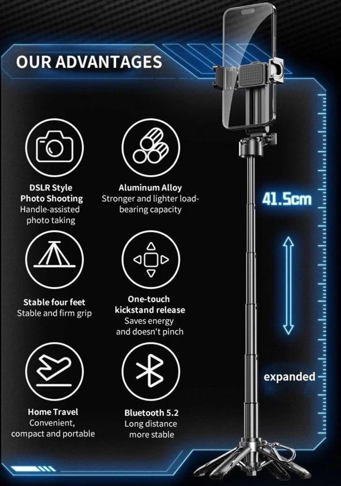 P15 MINI Grip Quadripod Selfie Stick Tripod Bluetooth 5.2