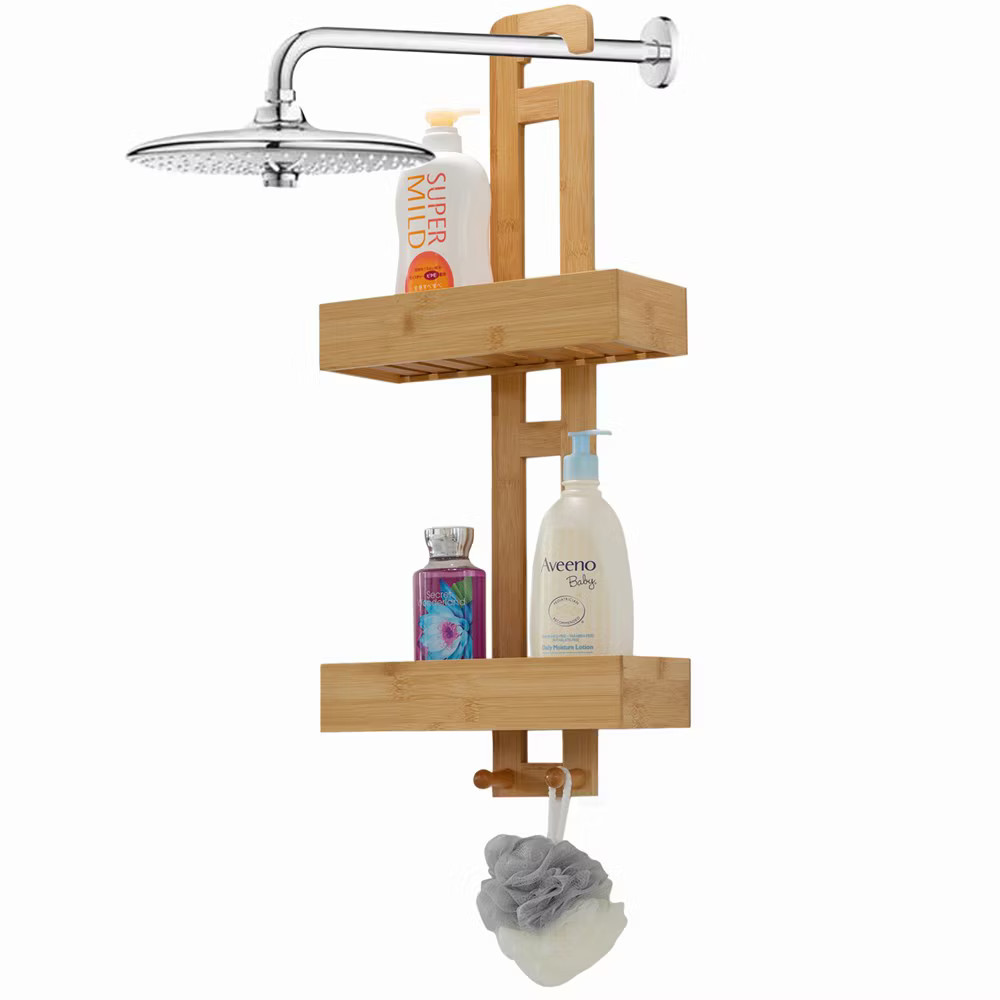 Bathroom Multi-function Natural Bamboo Storage Rack Over Shower Head Organizer,