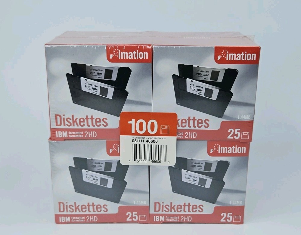 New Sealed Imation 3.5" High Density Diskettes - IBM Formatted 1.44MB - 100-Pack