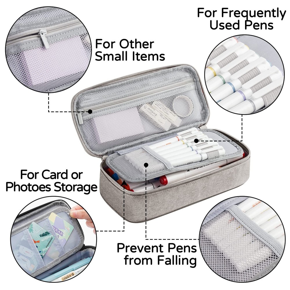 WEMATE Large Pencil Case, Pouch with Zipper Compartments, Light Grey
