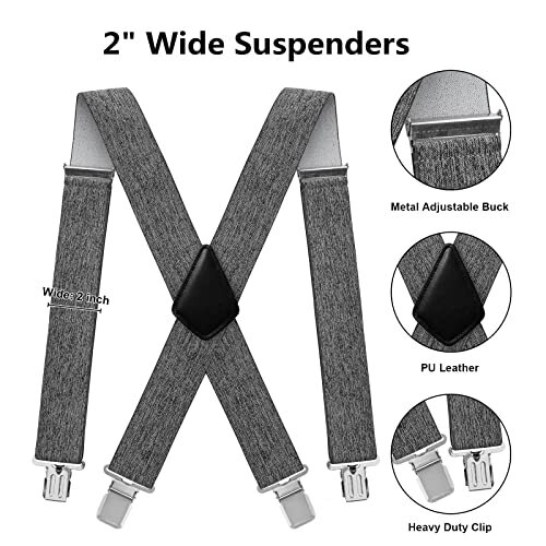 Mens Suspenders X-Back 2" Wide Adjustable Solid Straight Heavy 03 X-back(grey)