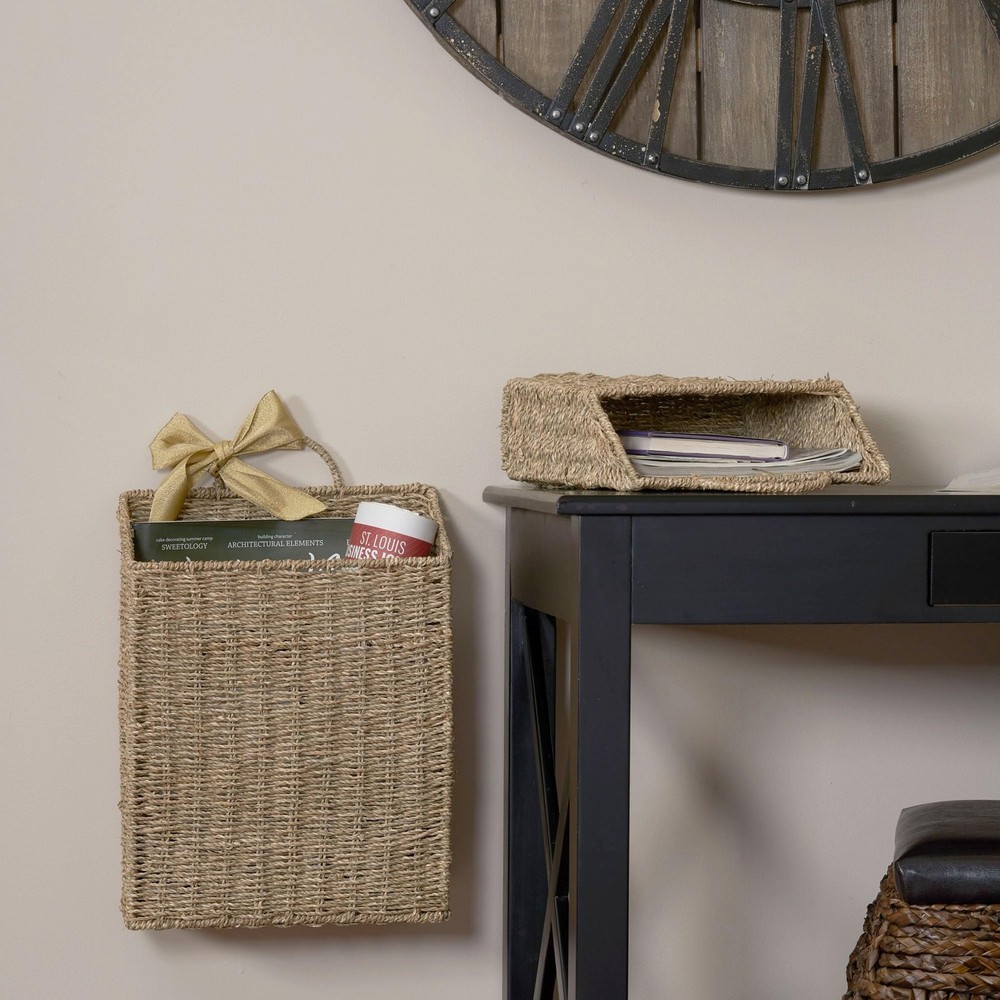 Rectangular Wicker Hanging Baskets, Set of 2, Small and Large, Handwoven Seag...