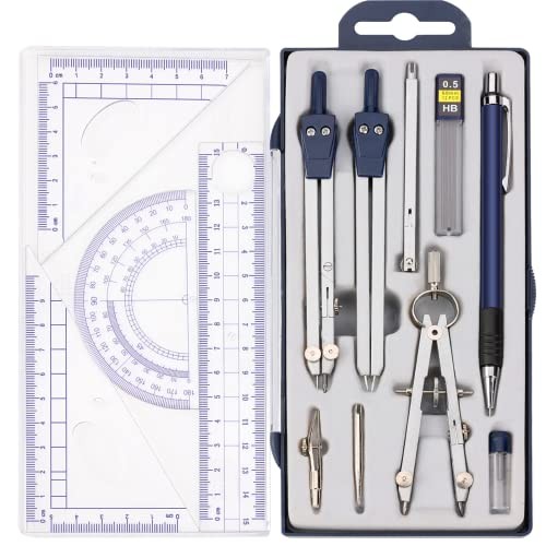 13 Pieces Geometry Set Compass Geometry Tools Math Compass and Protractors Blue