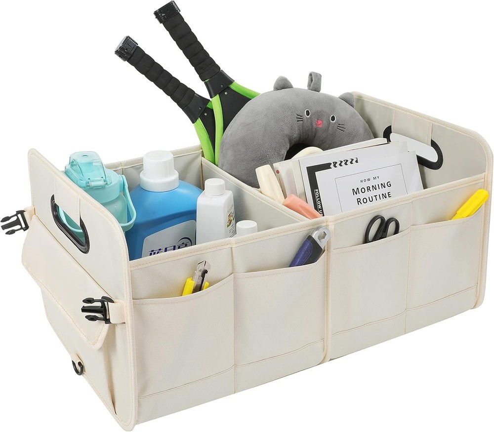 Car Trunk Organizer Collapsible Multi-Compartment Storage Bag Beige