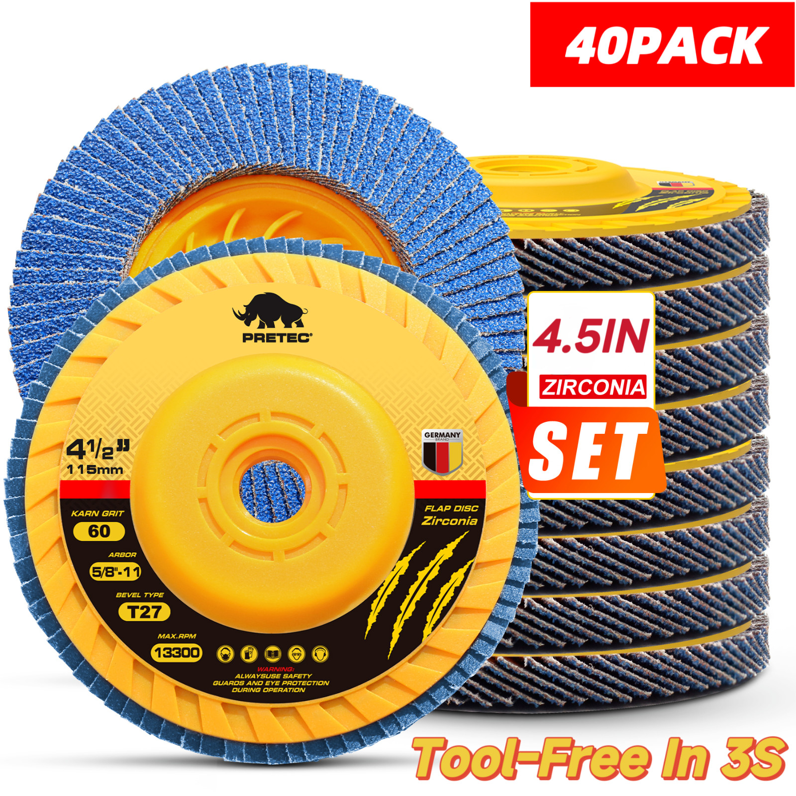 40PACK 4-1/2" x 5/8-11" Flap Discs 60 Grit Tool-Free Zirconia for Angle Grinder