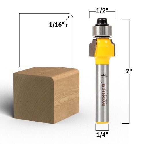 1/16" Radius Round Over Edge Forming Router Bit - 1/4" Shank - Yonico 13059q