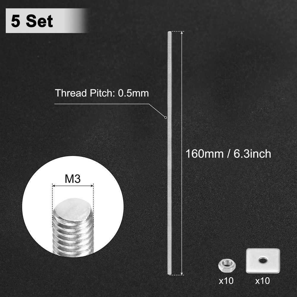 5-Set Fully Threaded Rod, M3x160mm Right Hand Thread Bar Studs with Nuts