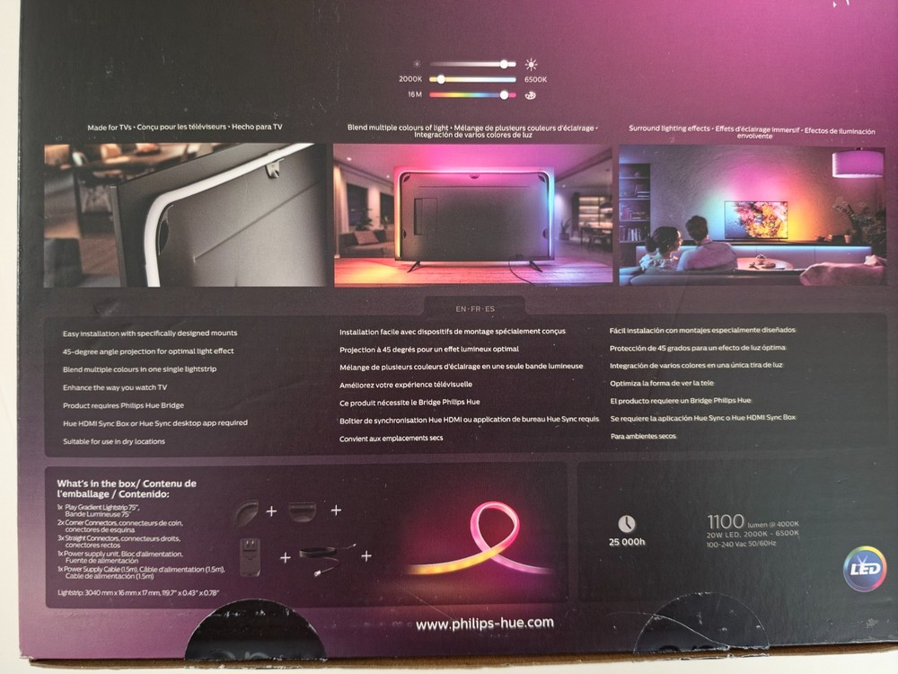 Philips Hue Play Sync Bundle (4K HDMI Box, 75" Gradient Lightstrip, Hue Bridge)