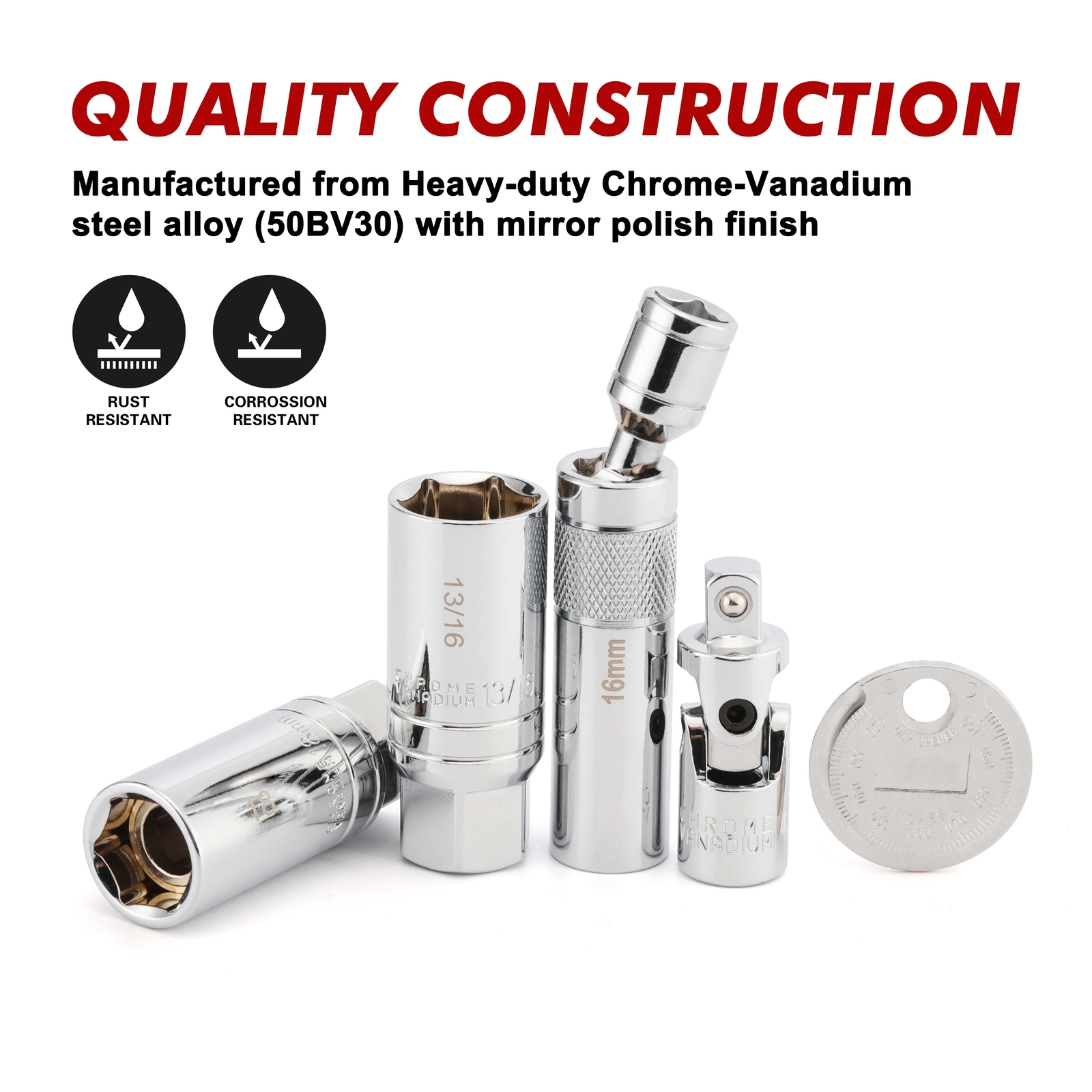 0PCS 3/8"Drive Magnetic Spark Plug Socket Set, 6PT&12PT Extension Bar CR-V Steel