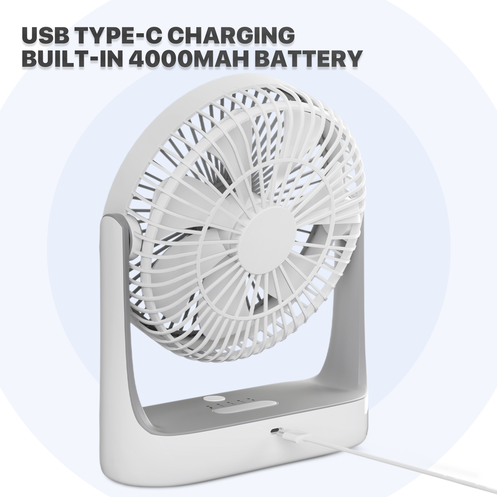 Portable Personal Desk Fan 4 Speed 180° Tilt USB Rechargeable Fan w/Hanging Hook
