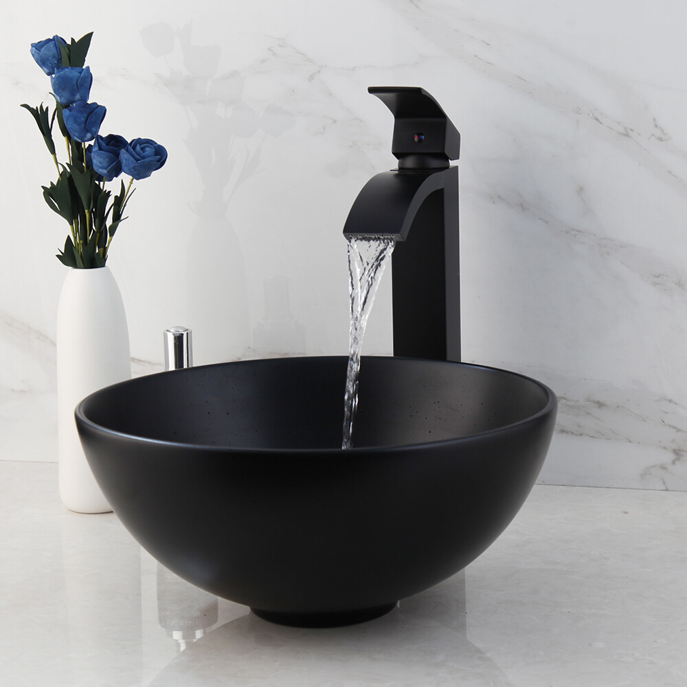 Ceramic Round Black Bathroom Vessel Sink Washing Basin Bowl Waterfall Faucet Tap