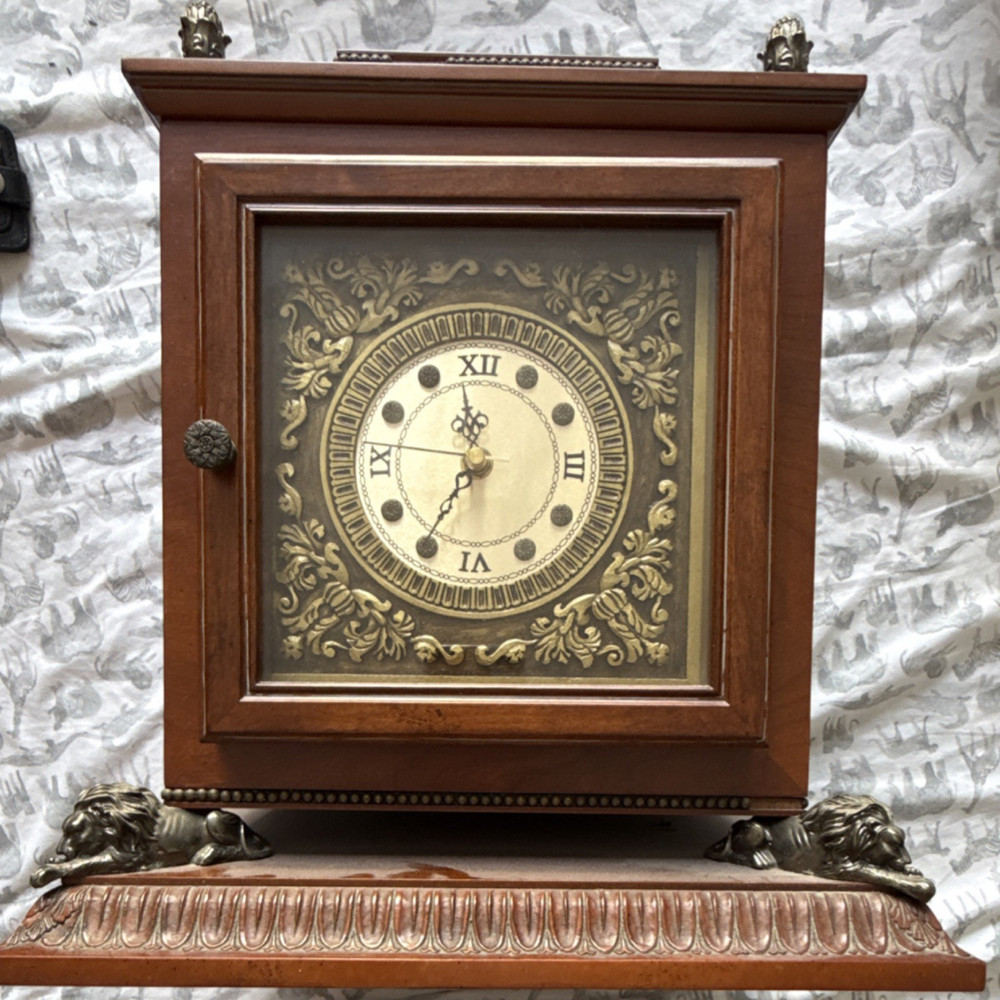 Bombay Mantel Clock Walnut Wood Rectangular Lion Roman Numerals Analog 2002