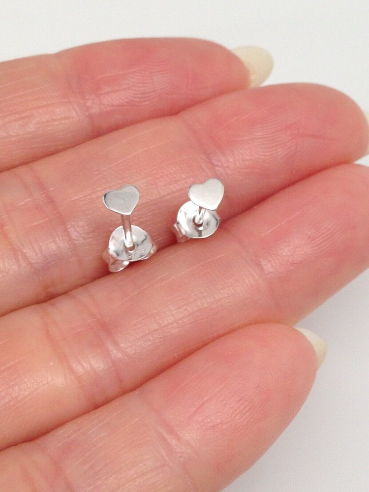 925 Sterling Silver THIN Heart Stud Earrings Dainty Mini Plain Studs 3.5mm