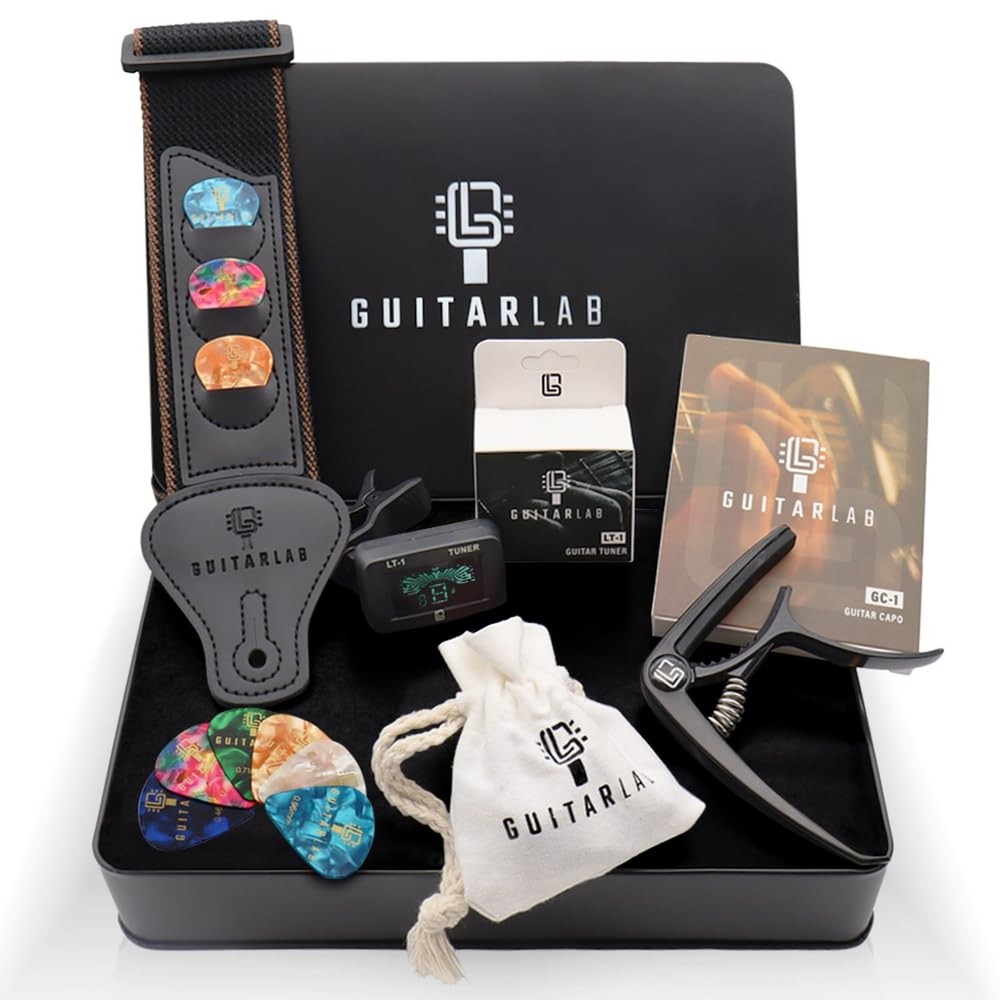 Guitar Accessories Kit by Guitar Lab – Premium Metal Tin with Guitar Strap, C...