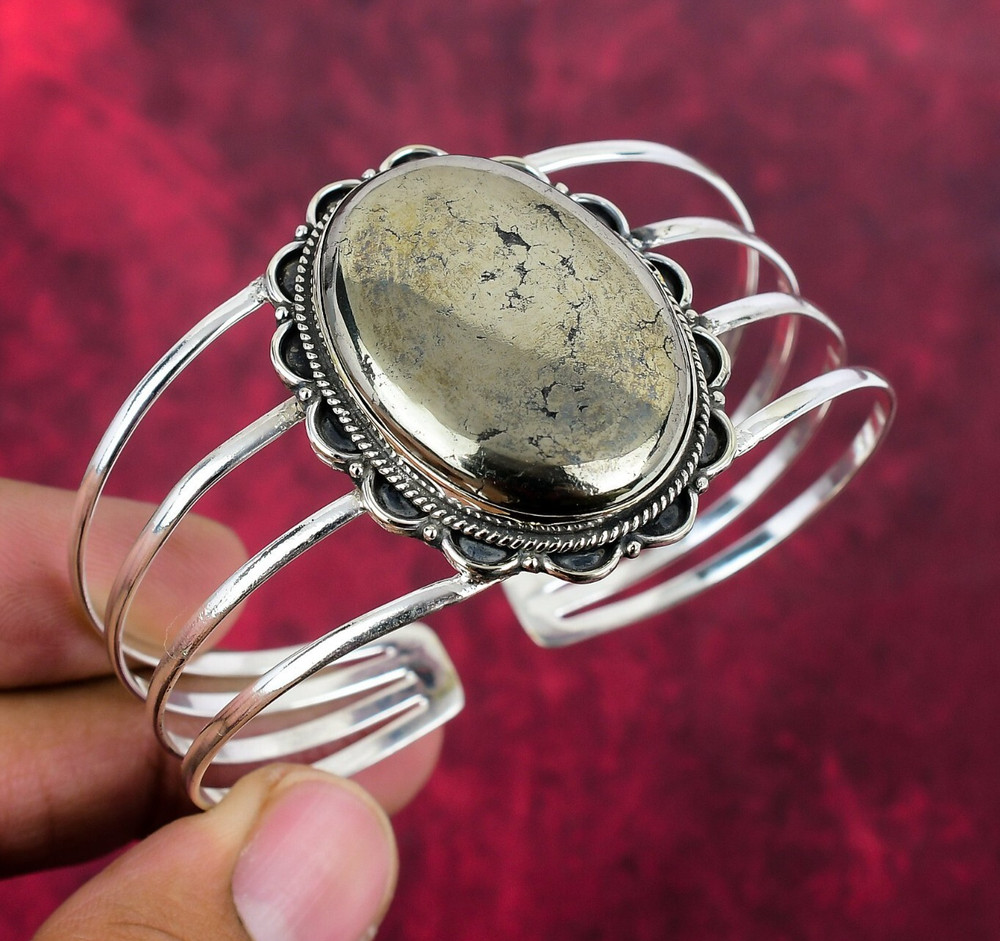 Golden Apache Pyrite Gemstone Handmade 925 Silver Adjustable Bangle Jewelry