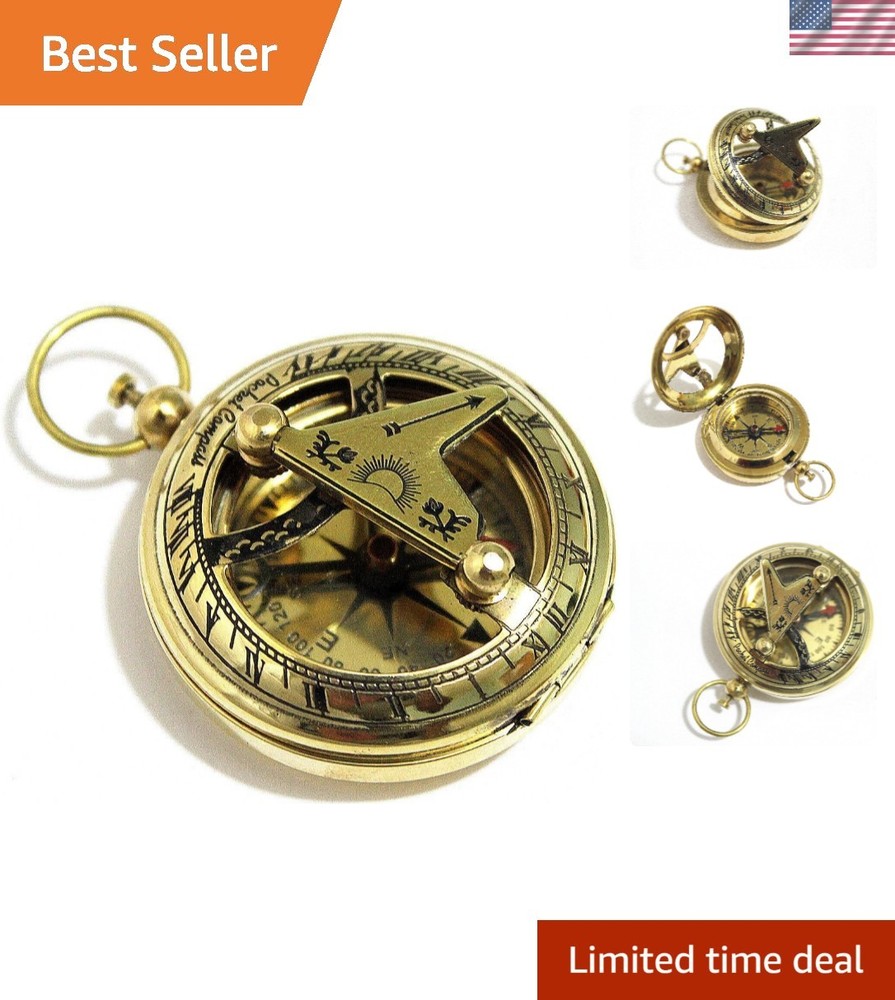 Brass Push Button Direction Sundial Compass - Pocket Sundial Compass Rustic V...
