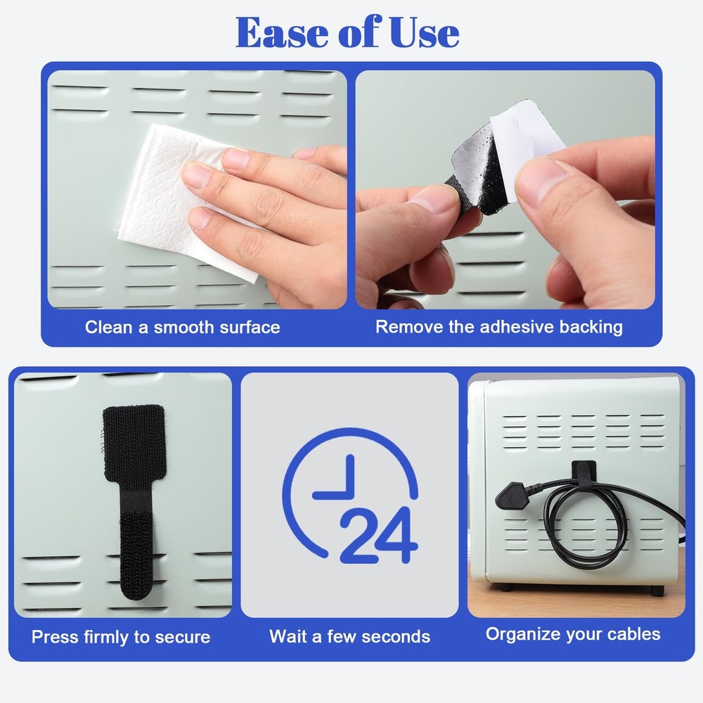 100 PCS Hook Loop Cable Ties - Self-Adhesive Adjustable Cord Organizers, Black
