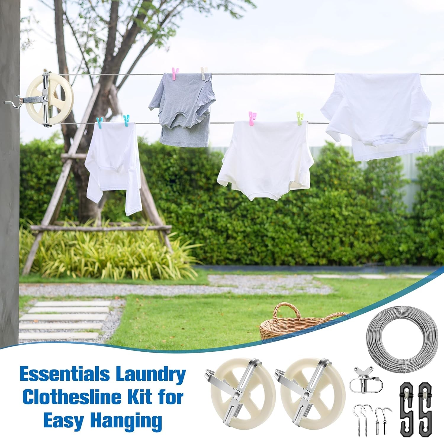 Clothesline Pulley Kit Outdoors 150.9FT PVC Wire Rope 5" Pulleys Tightener Hooks