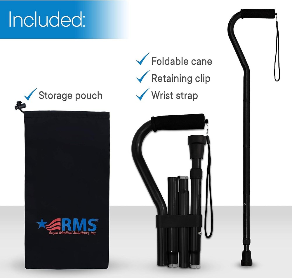 RMS Folding Cane with Offset Foam Handle, Adjustable Walking Stick Black