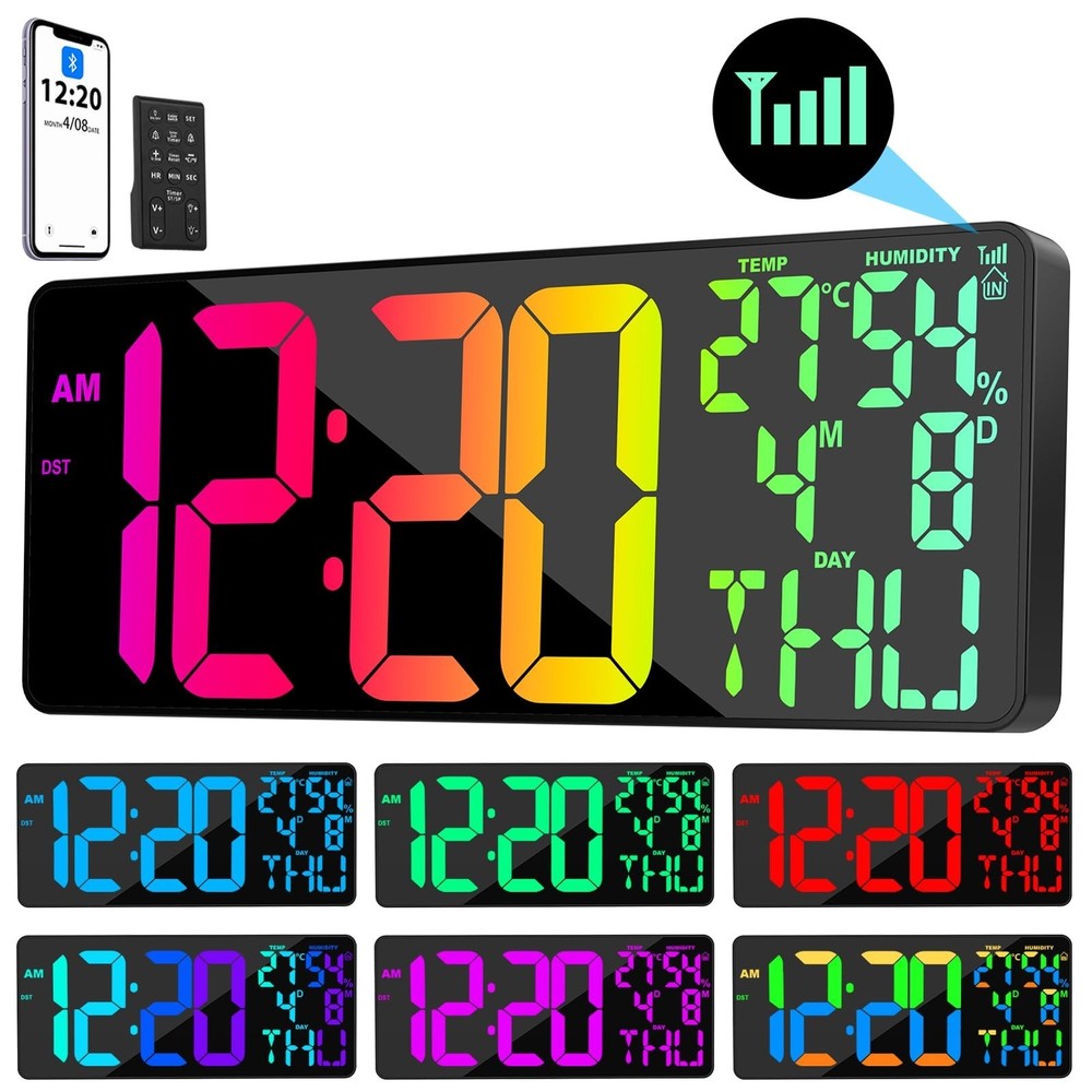 11 RGB Color Changes Large Digital Wall Clock/Bluetooth Auto Time Sync, Remot...