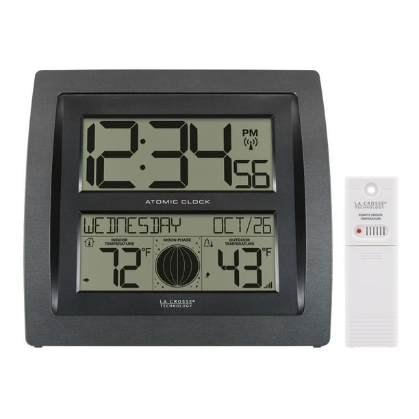 La Crosse Technology Digital Atomic Wall Clock–Indoor/Outdoor Temp & Moon Phase