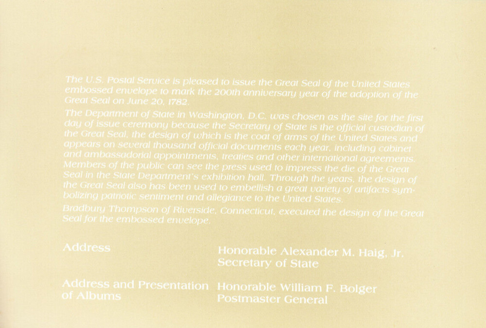USPS 1st Day Ceremony Program #U602 Great Seal U.S. Embossed Envelope 1982