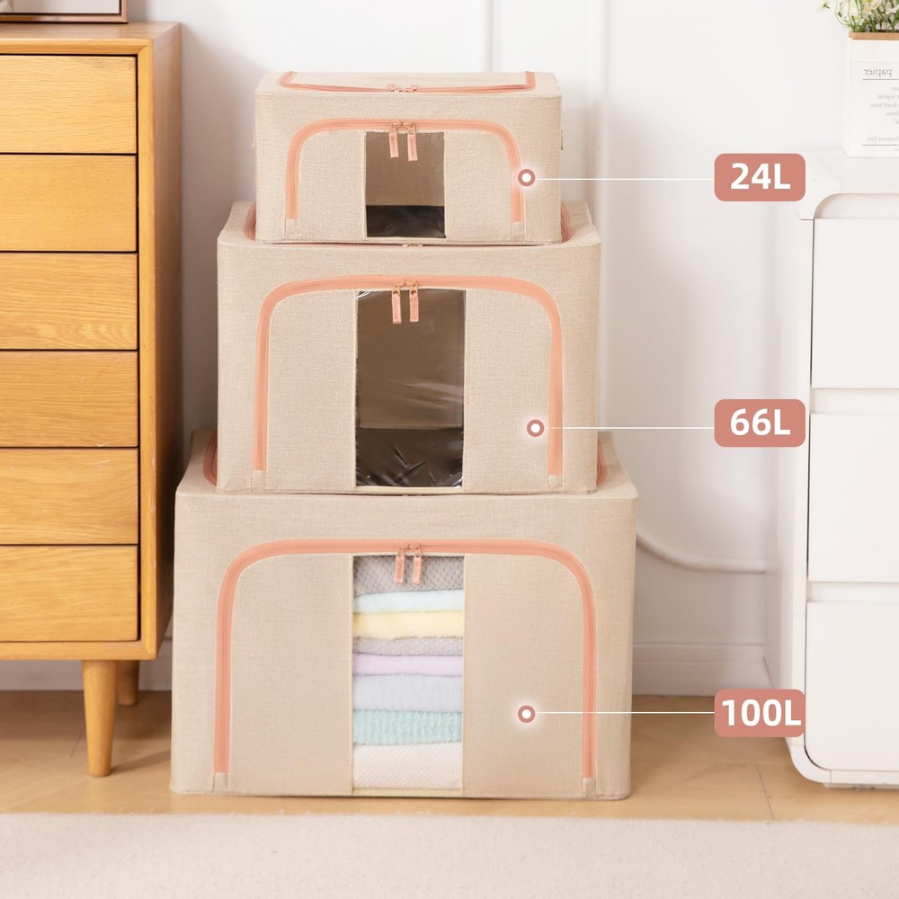 3 Pack 24L Stackable Clothes Storage Bins with Metal Frame Handles & Zipper, ...