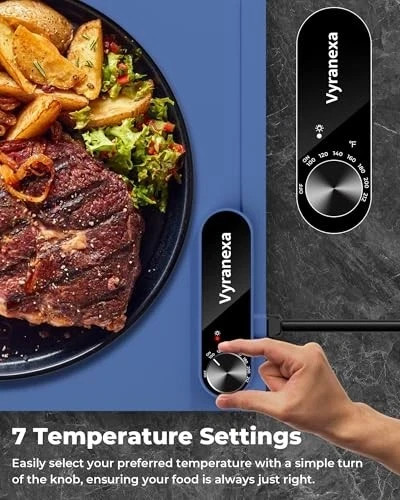 Warming Mat for Food - Space-Saving, Fits Two Baking Dishes, 7 Temp Medium Blue