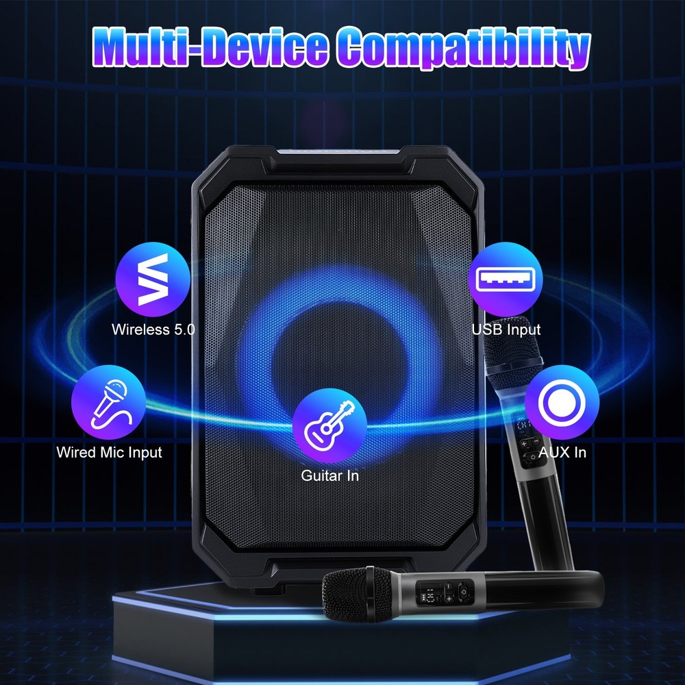 Portable Wireless Party Speaker W/ LED Light &2 Wireless Mics Remote Control