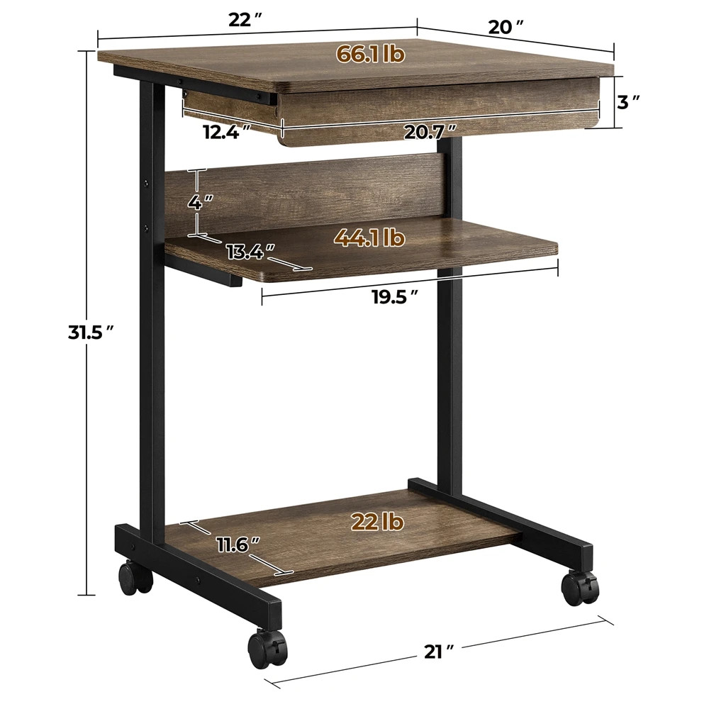 1PC Modern Portable Rolling Computer Desk Table With Drawer For Work Study