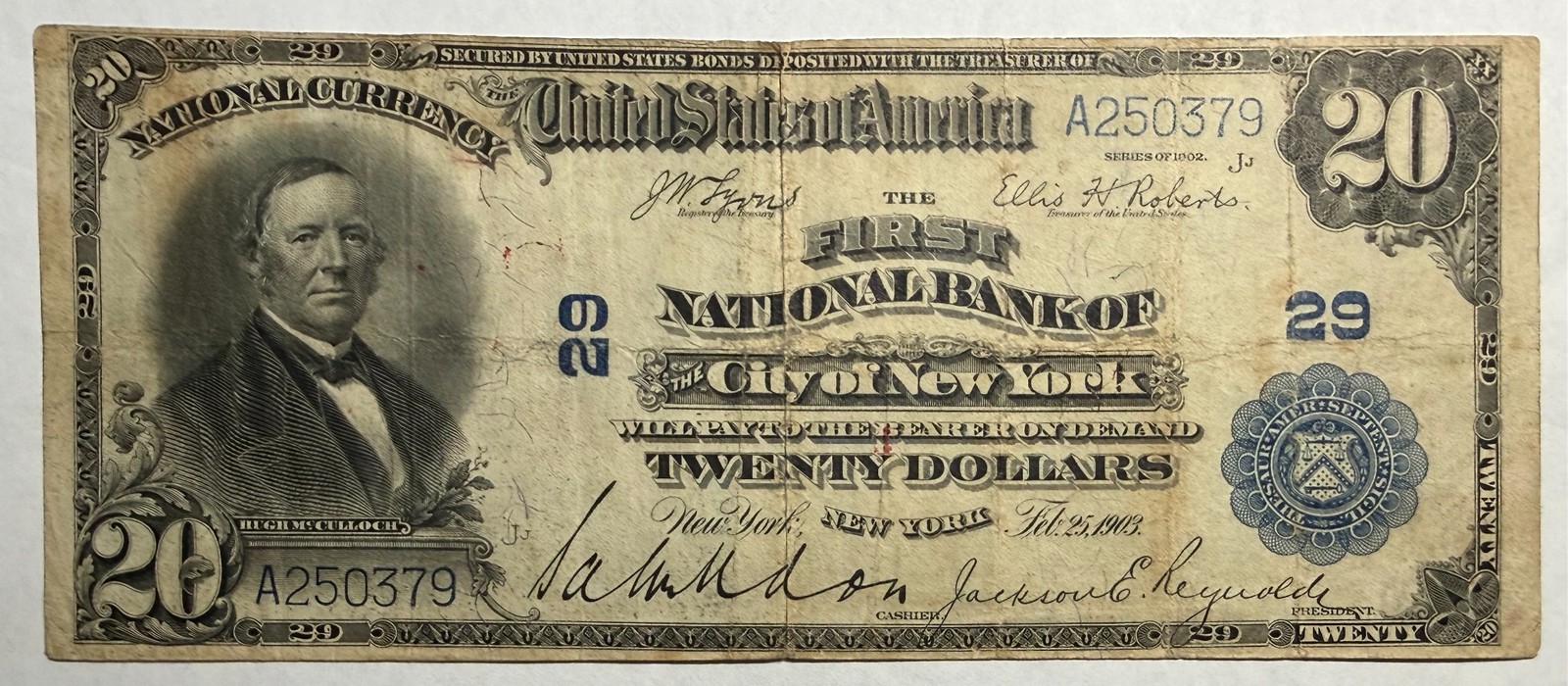 1902 F+ $20 National Currency. First Natl Bank of City of New York NY Char #29