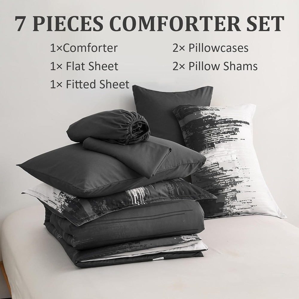 WONGS Queen King Comforter Set,Black Grey Abstract Art Gradient Soft Microfiber