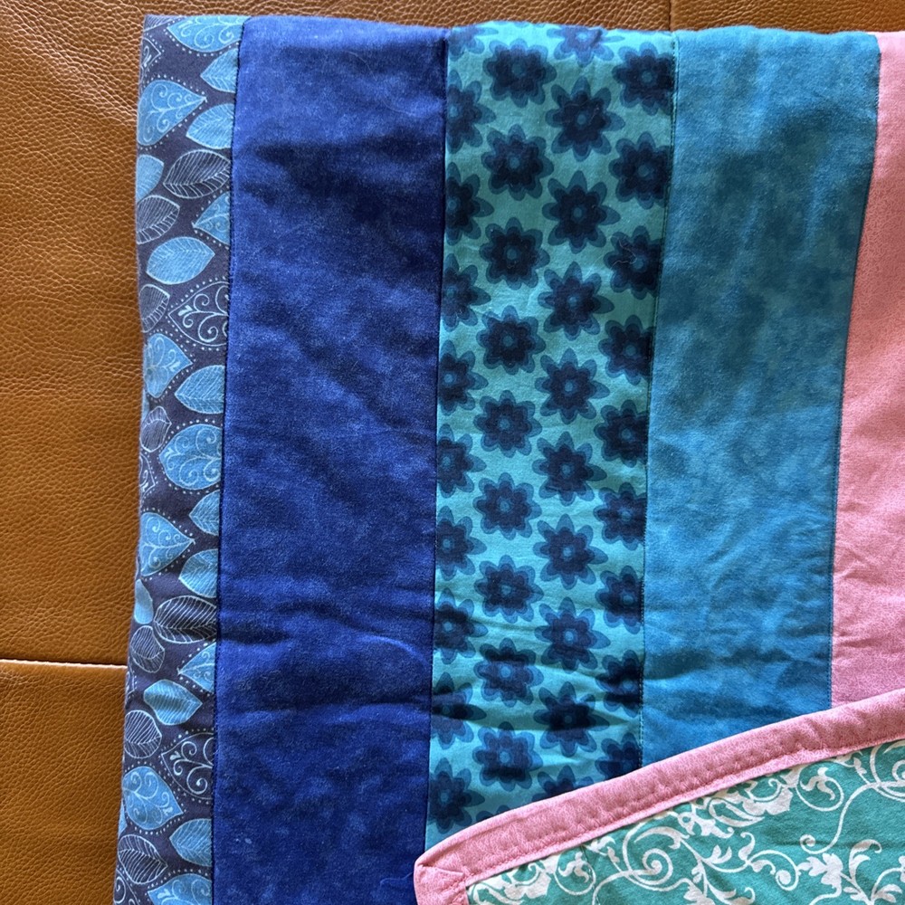 Handmade Patchwork Quilt Throw Multicolor Blue Pink Reversible Cotton Blanket