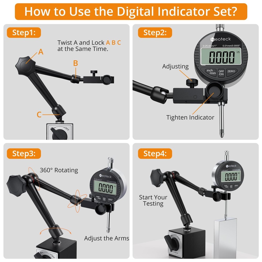 Neoteck 1" Digital Dial Indicator Set + 0.03" Test
