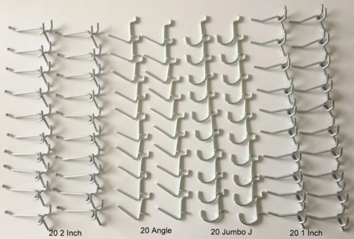 (80 Pack) Garage Tool Pegboard Display. 20 Ea of  1", 2", Angle, and J Peg Hooks