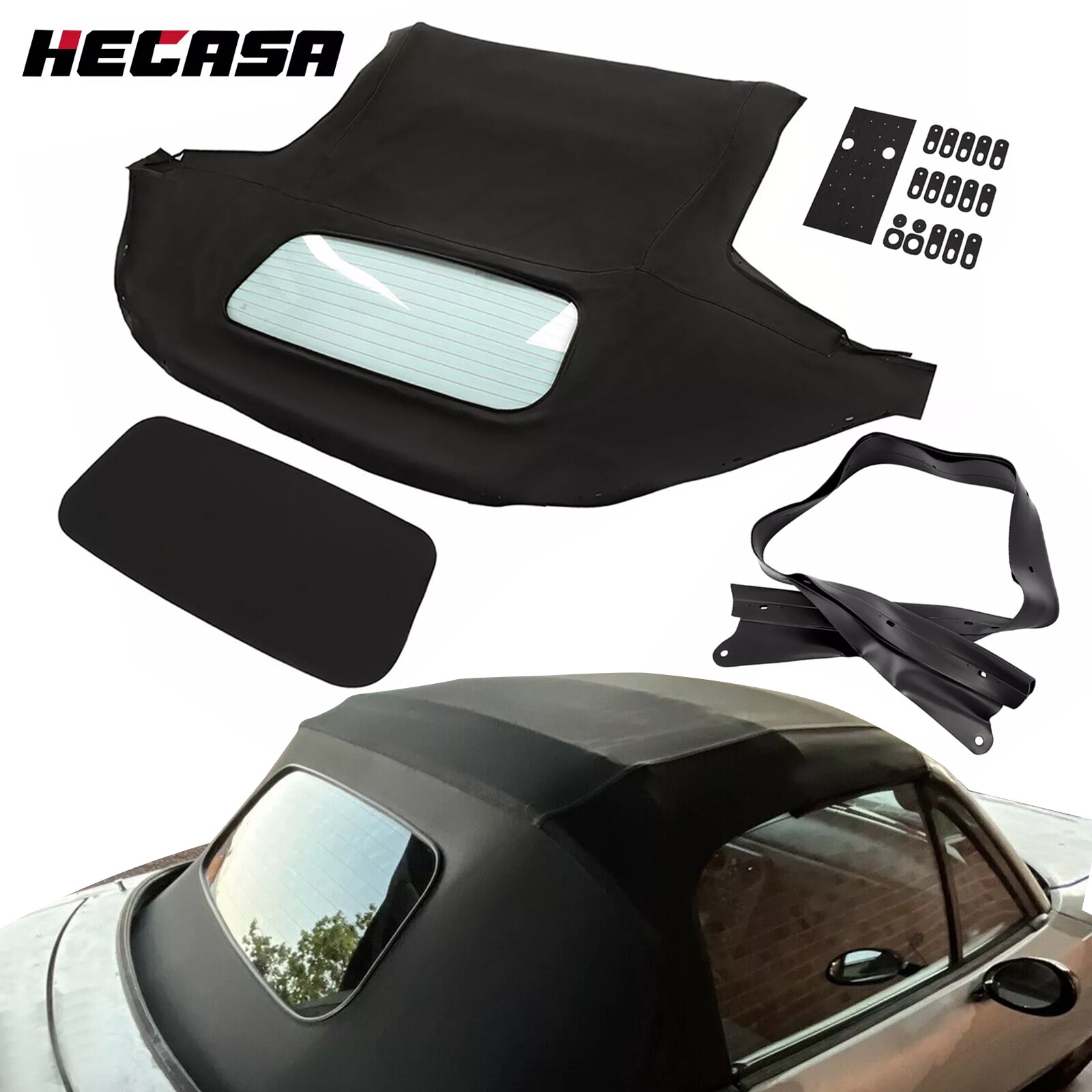 HECASA For 90-05 Mazda Miata Convertible Soft Top w/ Glass Window & Rain Rail