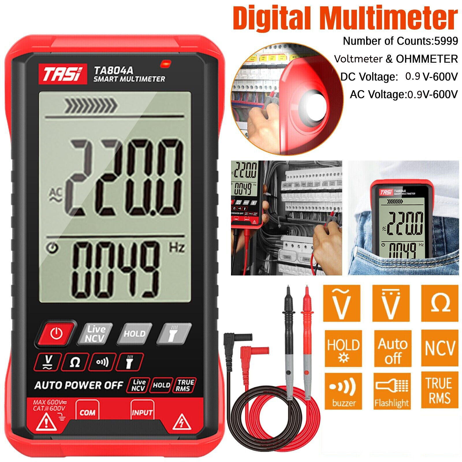 Digital Multimeter Voltmeter AC DC Volt Meter Ohmmeter Auto Range Tester w/Light
