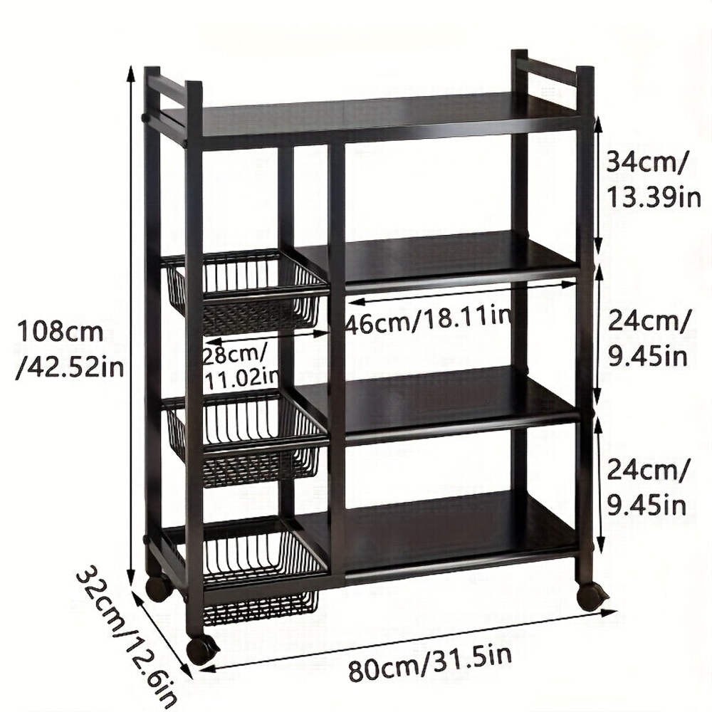 4-Tier Rolling Storage Rack with Baskets, Metal Utility Shelf on Wheels, Kitchen