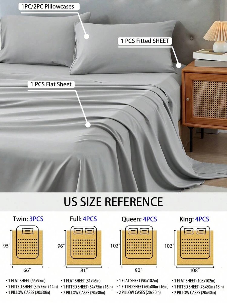 3/4 Piece Bed Sheet Soft Cooling Comfortable Breathable Bedding, Grey