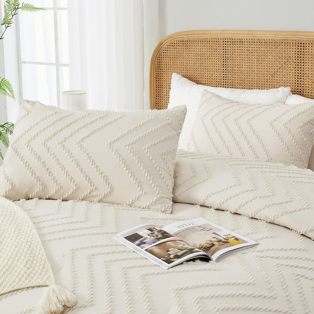 Boho Beige Queen Comforter Set - Soft Warm Tufted Neutral Bedding