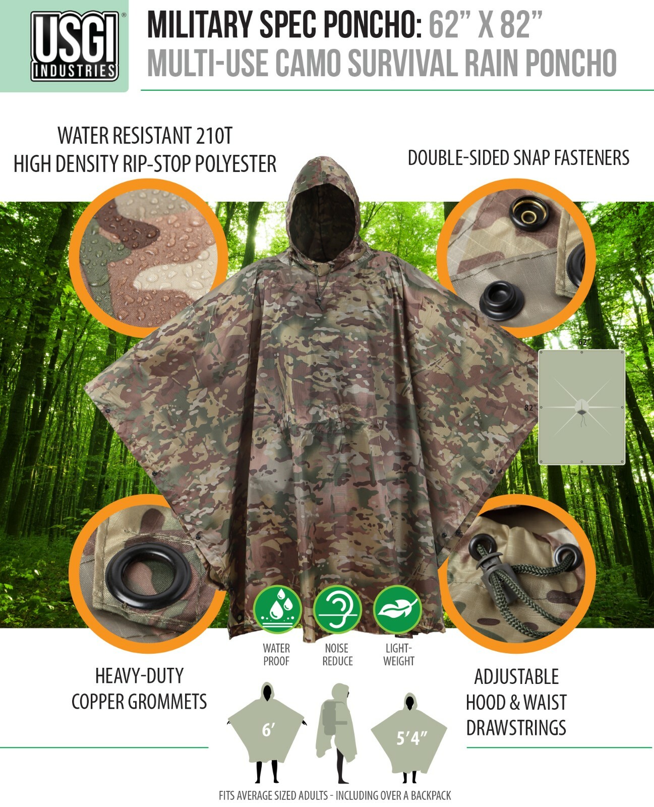 USGI Industries Military Design Multi Use Rip Stop (OCP / Multicam, Rain Poncho)